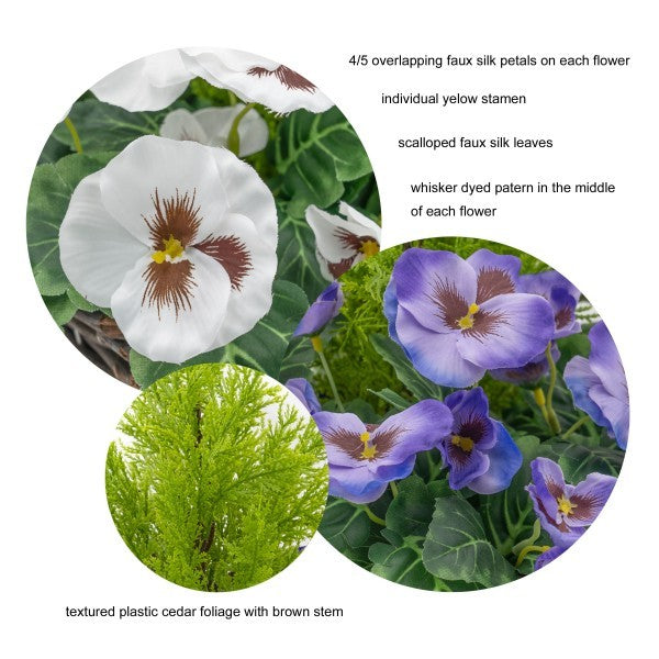 Artificial Purple & White Pansy Rattan Patio Planter 60cm/24in (Set of 2) - A1016