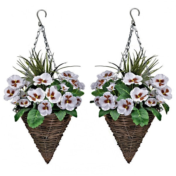 Artificial White Pansy Cone Shaped Rattan Hanging Basket (Set of 2) 