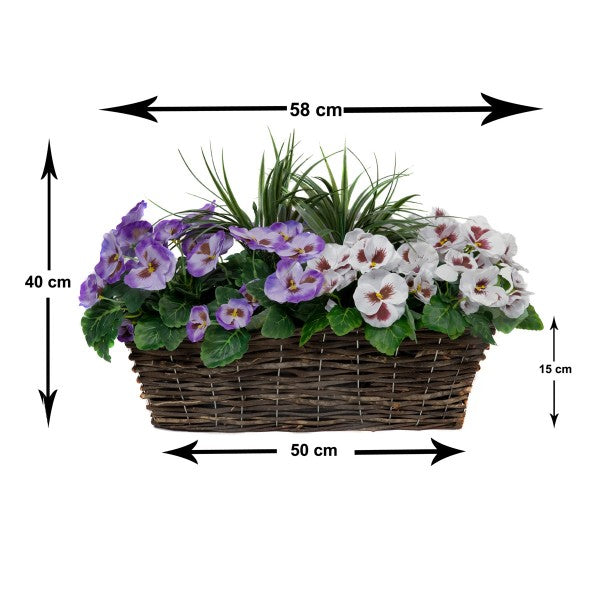 Artificial Rattan Purple &amp; White Pansy Window Box 58cm/23in