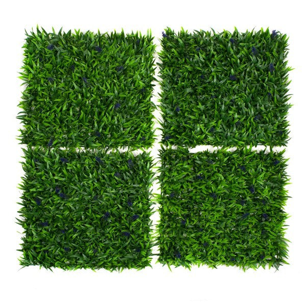 Artificial Green Wall Hedge with Green Leaf Foliage and Purple Flowers Pack of 4 x 50cm/20in - A1137
