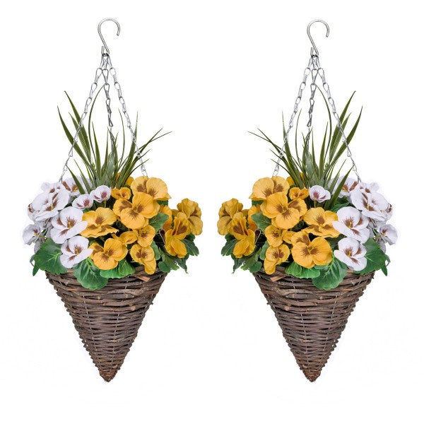 Artificial Yellow &amp; White Pansy Cone Shaped Rattan Hanging Basket (Set of 2)
