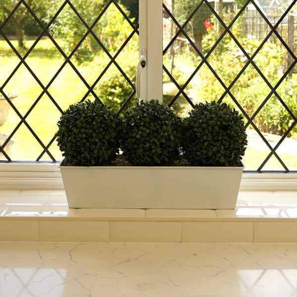 Artificial Topiary Triple Ball Aglaia Boxwood in White Slanted Tin Window Box 54cm/21in - A1049