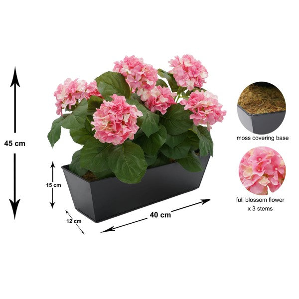 Artificial Pink Hydrangea in Black Window Box - A1383