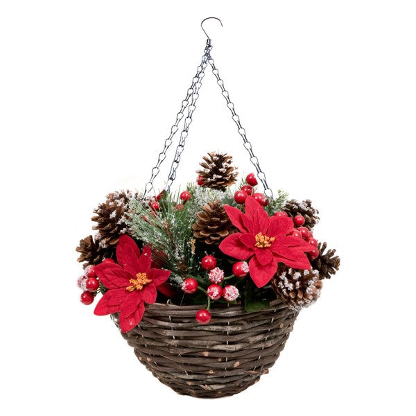 Artificial Christmas Rattan Hanging Basket with Snow Poinsettia, Pinecones &amp; Berries &amp; Holly &amp; Conifer Greenery