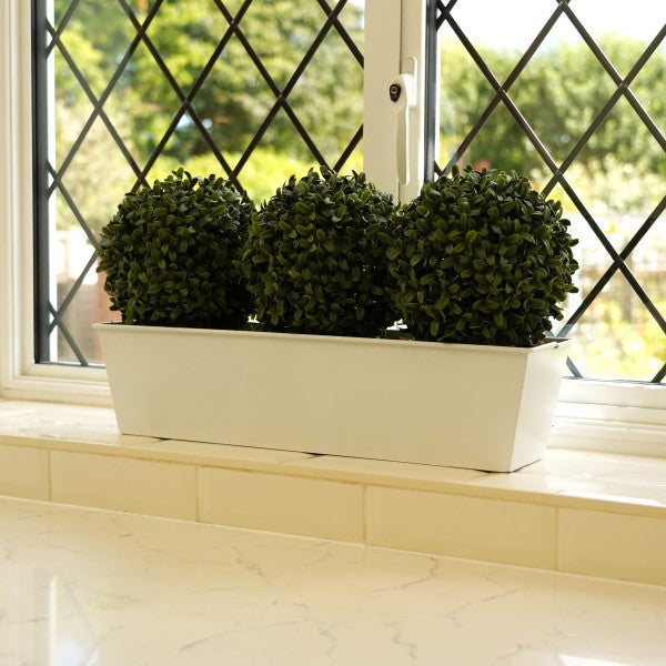 Artificial Topiary Triple Ball Aglaia Boxwood in White Slanted Tin Window Box 54cm/21in - A1049