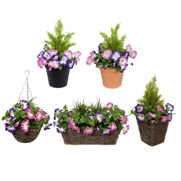 Artificial Pink &amp; Purple Petunia Rattan Patio Planters 60cm/24in (Set of 2) - A1190