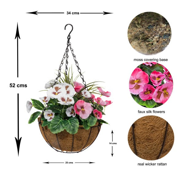 Artificial Pink &amp; White Round Coir Hanging Basket (Set of 2) - A1158
