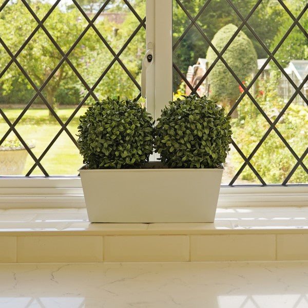 *Clearance* Artificial Topiary Double Ball Aglaia Boxwood in White Slanted Tin Window Box 35cm/14in - A1057C