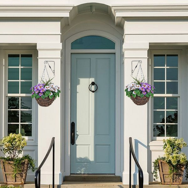 Artificial Purple & White Pansy Round Rattan Hanging Baskets (Set of 2) A1013
