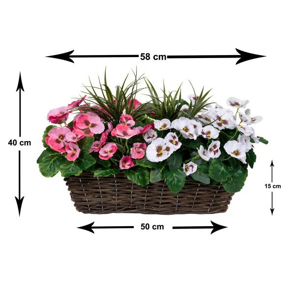 Artificial Pink &amp; White Pansy Rattan Window Box 58cm/23in