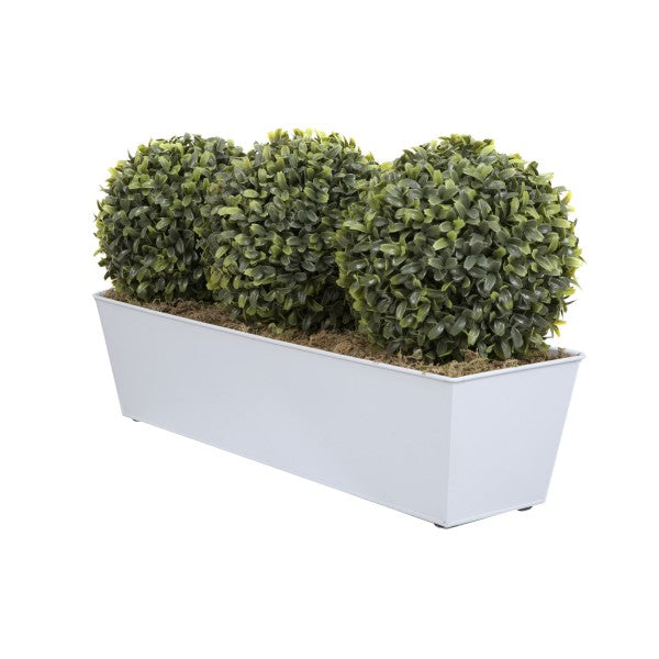 Artificial Topiary Triple Ball Aglaia Boxwood in White Slanted Tin Window Box 54cm/21in - A1049