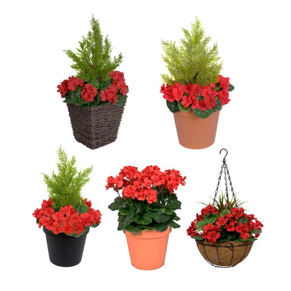 Artificial Red Geranium Rattan Patio Planters (Set of 2) 60cm/24in - A1256