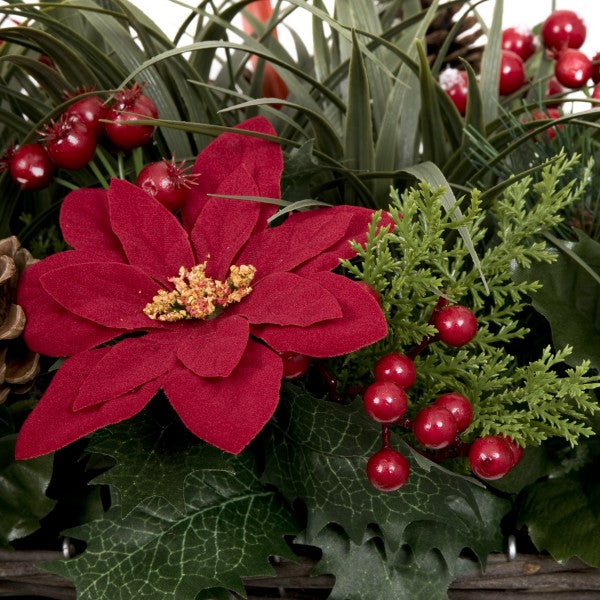 Artificial Christmas Window Box with Poinsettia Pinecones Berries &amp; Conifer &amp; Pine Greenery 