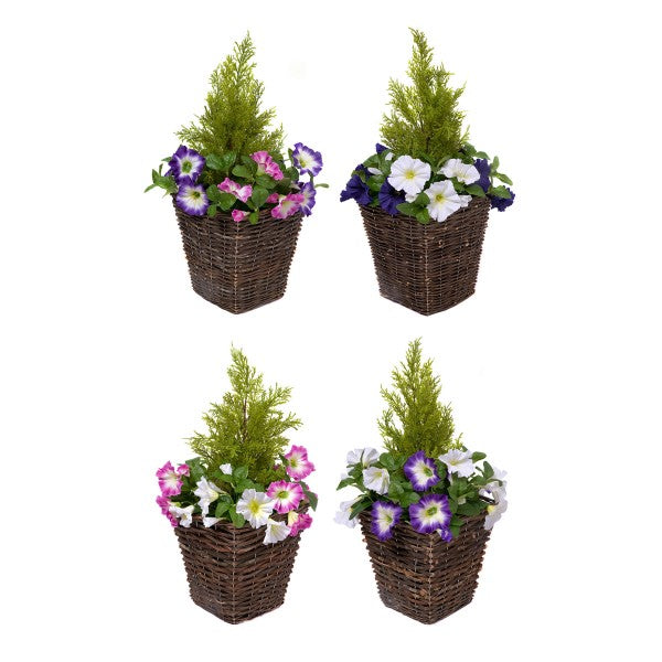 Artificial Dark Purple &amp; White Petunia Rattan Patio Planters 60cm/24in (Set of 2) - A1191