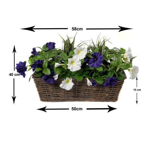 Artificial Dark Purple &amp; White Petunia Rattan Window Box 58cm/23in