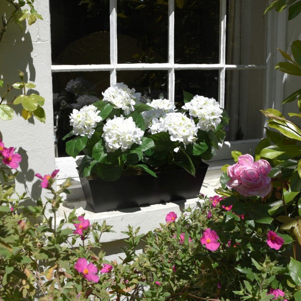 Artificial White Hydrangea in Black Metal Window Box - A1321