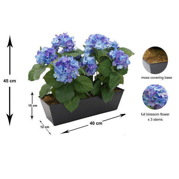 Artificial Blue Hydrangea in Black Metal Window Box -A1385