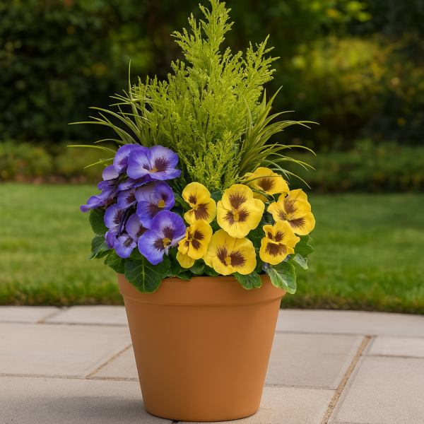 Artificial Purple &amp; Yellow Pansy Terracotta Patio Planter 60cm/24in - A1081