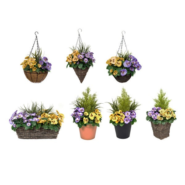 Artificial Purple &amp; Yellow Pansy Rattan Window Box 58cm/23in