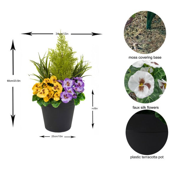 Artificial Purple & Yellow Pansy Black Patio Planter 60cm/24in - A1080