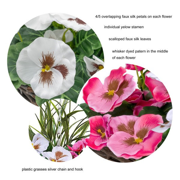 Artificial Pink & White Pansy Round Rattan Hanging Basket (Set of 2) - A1007