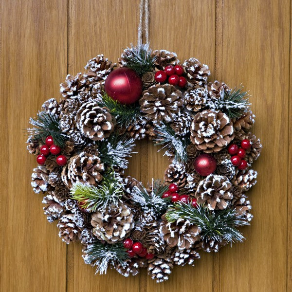 GreenBrokers Christmas Hanging Wreath 32cm Pine Cones with White Frosting D1221