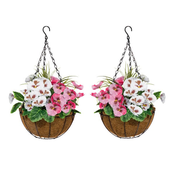 Artificial Pink &amp; White Round Coir Hanging Basket (Set of 2) - A1158
