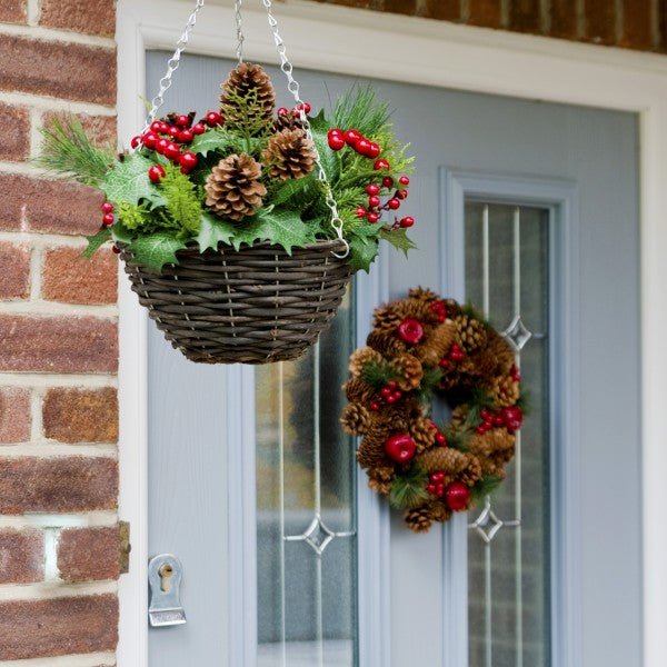 Artificial Christmas Rattan Hanging Basket with Pinecones &amp; Berries and Holly &amp; Conifer Greenery 