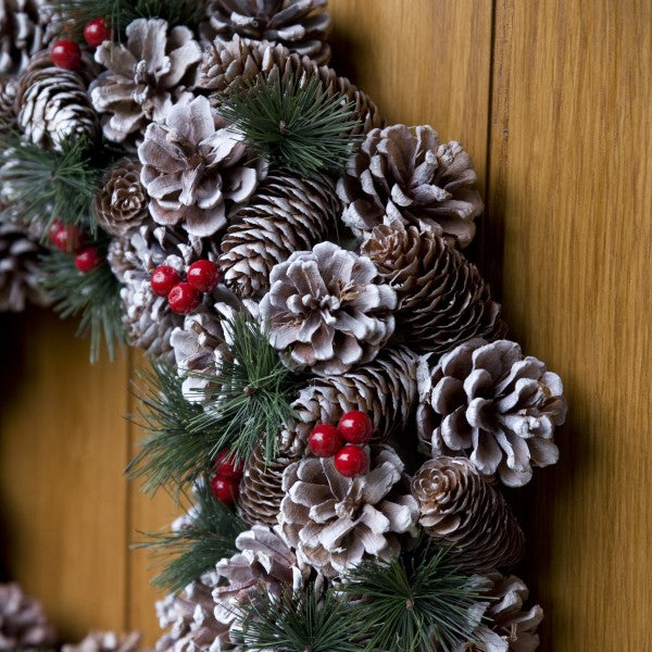 GreenBrokers Christmas Hanging Wreath 48cm Pine Cones Berries Subtle Frosting D1229