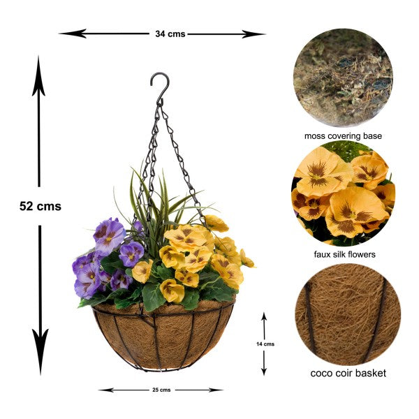 Artificial Purple & Yellow Pansy Round Coir Hanging Basket (Set of 2) - A1156