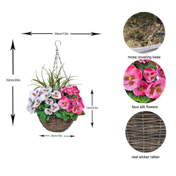 Artificial Pink & White Pansy Round Rattan Hanging Basket (Set of 2) - A1007