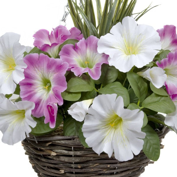 Artificial Pink &amp; White Round Rattan Petunia Hanging Baskets  (Set of 2) - A1184
