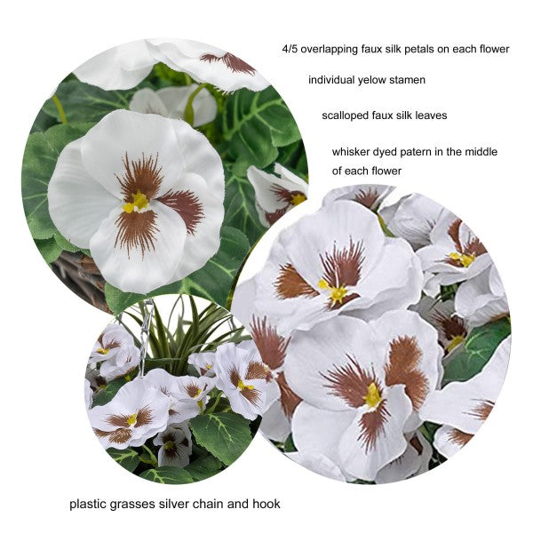 Artificial White Pansy Cone Shaped Rattan Hanging Basket (Set of 2) 