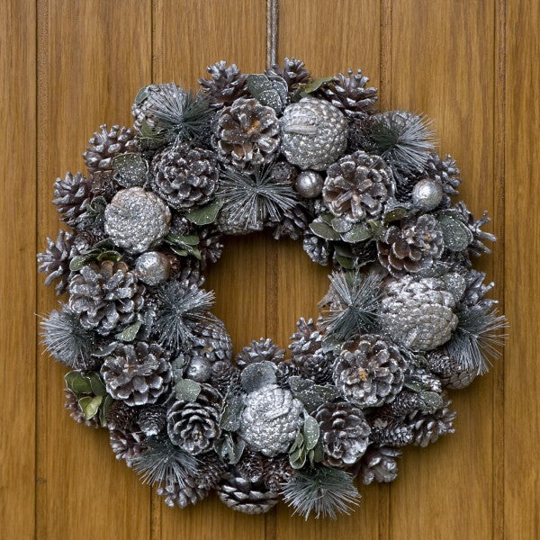 GreenBrokers Christmas Wreath 38cm Silver Pine Cones Fir Sprigs & Baubles D1231