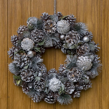 GreenBrokers Christmas Wreath 38cm Silver Pine Cones Fir Sprigs & Baubles D1231