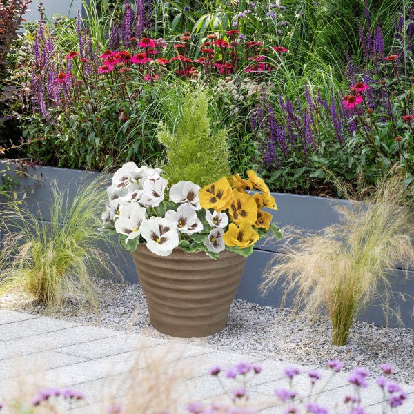 Artificial Yellow &amp; White Pansy Rattan Patio Planters 60cm/24in (Set of 2) - GB1062