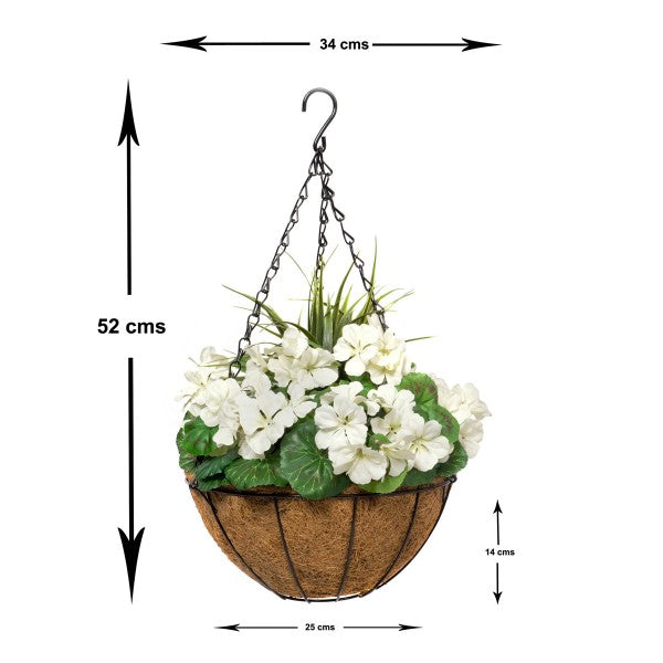 Artificial White Geranium Round Coir Hanging Basket (Set of 2) - A1187