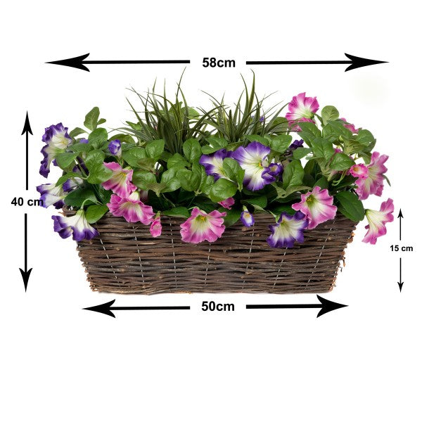 Artificial Pink &amp; Purple Petunia Rattan Window Box 58cm/23in - A1194