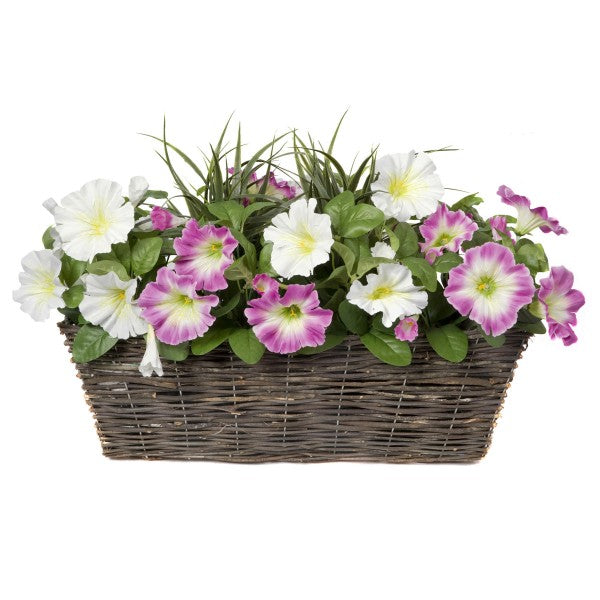 Artificial Pink &amp; White Petunia Rattan Window Box 58cm/23in - A1196