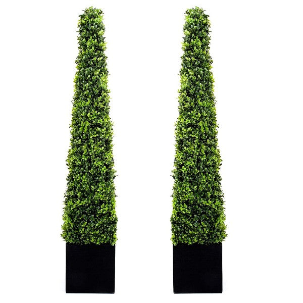 Artificial Premium Quality Boxwood Topiary Metal Framed Pyramid Trees - Black Square Planter 120cm/4ft (Set of 2) -A1181 