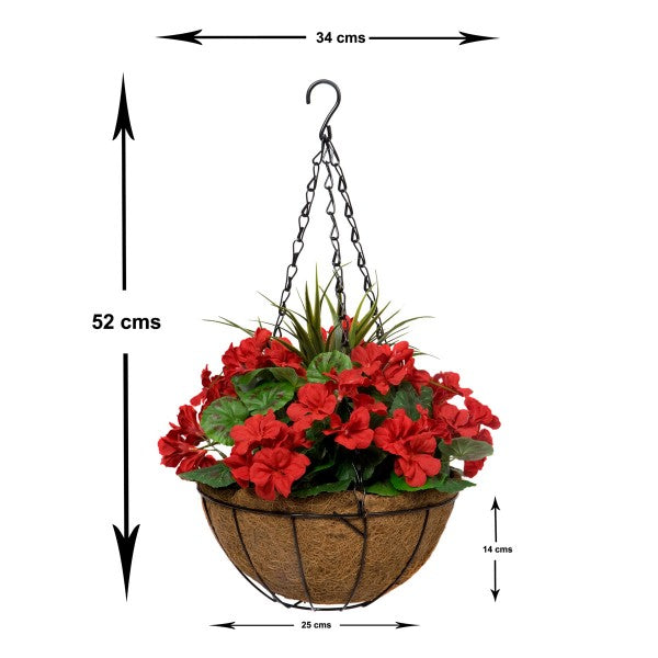 Artificial Red Geranium Round Coir Hanging Basket (Set of 2) - A1186