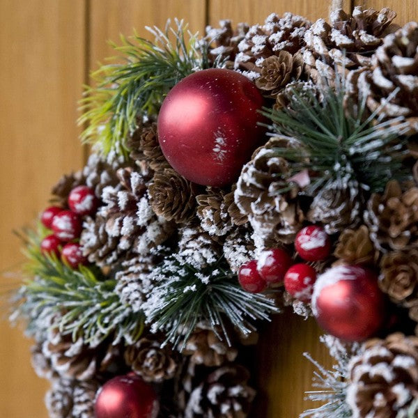 GreenBrokers Christmas Hanging Wreath 37cm Pine Cones with White Frosting D1222