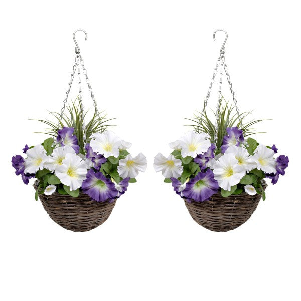 Artificial Purple &amp; White Round Rattan Petunia Hanging Baskets (Set of 2) - A1185