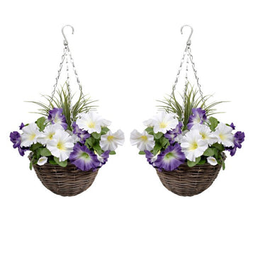 Artificial Purple &amp; White Round Rattan Petunia Hanging Baskets (Set of 2) - A1185