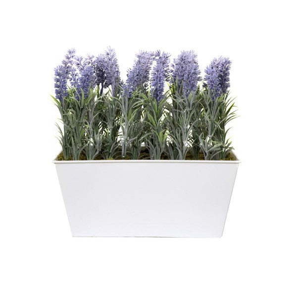 *Clearance* Artificial Lavender Tin White Planter Window Box 30cm/12in - A1027C