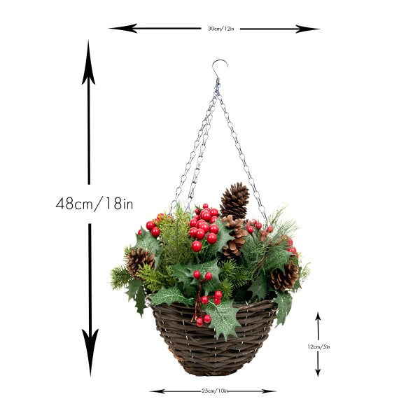 Artificial Christmas Rattan Hanging Basket with Pinecones &amp; Berries and Holly &amp; Conifer Greenery 
