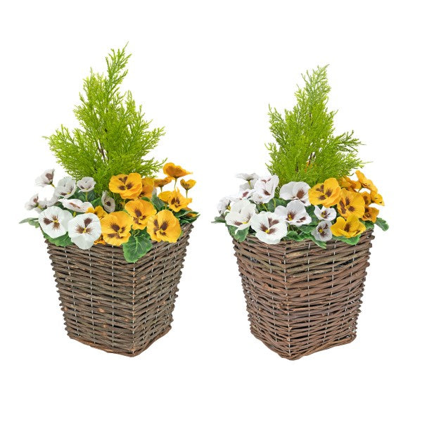Artificial Yellow &amp; White Pansy Rattan Patio Planters 60cm/24in (Set of 2) - GB1062