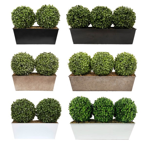 *Clearance* Artificial Topiary Double Ball Aglaia Boxwood in Rustic Slanted Tin Window Box 35cm/14in - A1029C