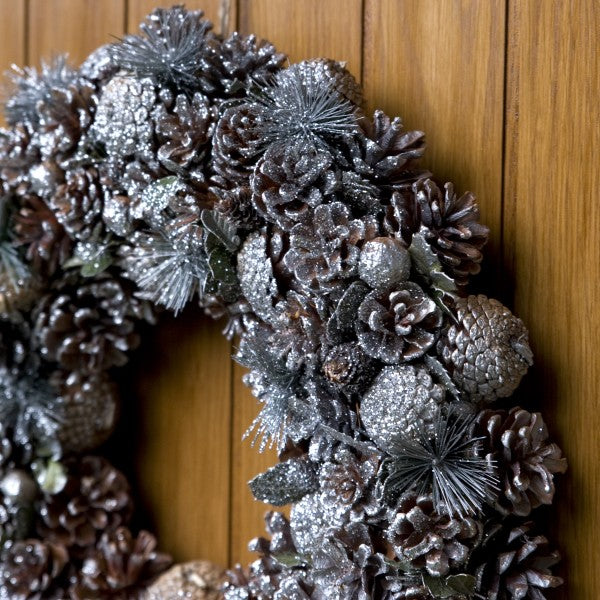 GreenBrokers Christmas Wreath 48cm Silver Pine Cones Fir Sprigs & Baubles D1232