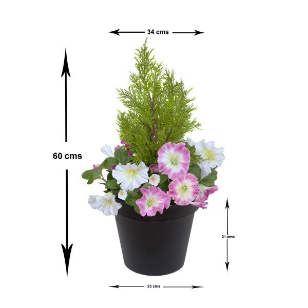 Artificial Pink &amp; White Petunia Black Patio Planter 60cm/24in - A1242